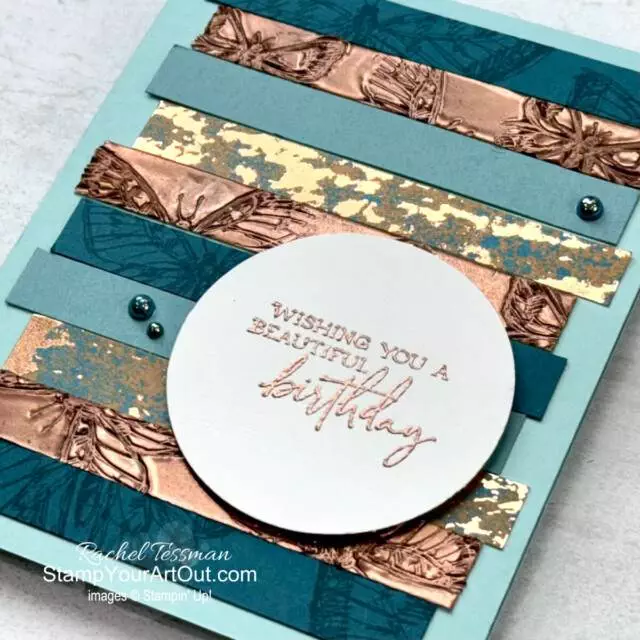 I was inspired by a card sketch for this fun layout! Visit my 8/6/24 post for more information on making this strips card using the Sketched Butterflies Stamp Set, Oxidized Copper Specialty Paper, and Copper Metallics Wow! Embossing Powder. - Stampin’ Up!® - Stamp Your Art Out! www.stampyourartout.com #stampyourartout #stampinup