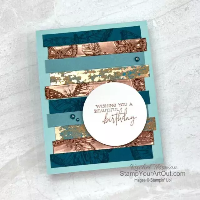 I was inspired by a card sketch for this fun layout! Visit my 8/6/24 post for more information on making this strips card using the Sketched Butterflies Stamp Set, Oxidized Copper Specialty Paper, and Copper Metallics Wow! Embossing Powder. - Stampin’ Up!® - Stamp Your Art Out! www.stampyourartout.com #stampyourartout #stampinup